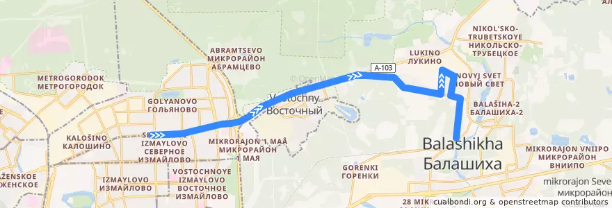 Mapa del recorrido Автобус 889 (микроавтобус): Москва (метро «Щёлковская») => Балашиха (Зелёная улица) de la línea  en Föderationskreis Zentralrussland.