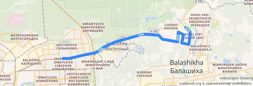 Mapa del recorrido Автобус 384: Балашиха (автостанция Звёздная) => Москва (метро «Щёлковская») de la línea  en городской округ Балашиха.