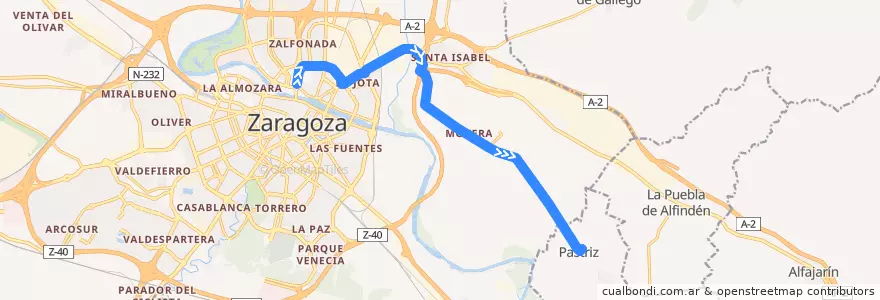Mapa del recorrido Bus 201B: Zaragoza => Pastriz de la línea  en Zaragoza.