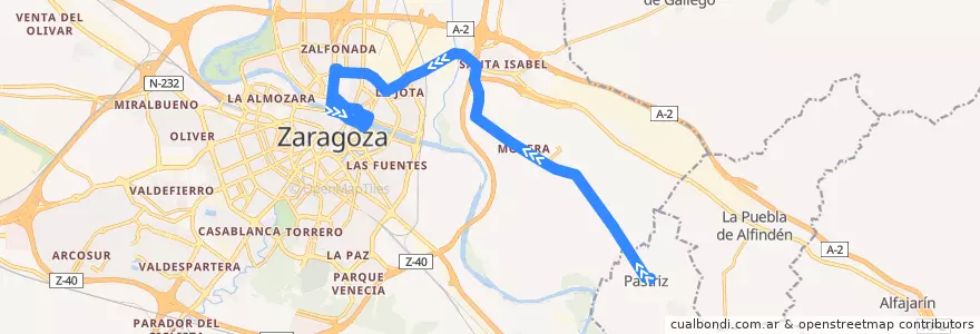 Mapa del recorrido Bus 201B: Pastriz => Zaragoza de la línea  en Saragozza.