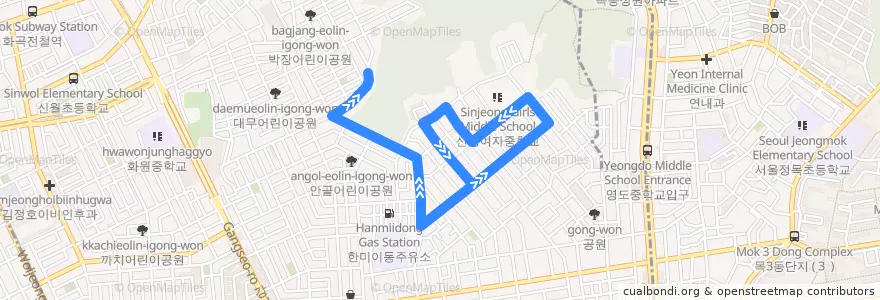 Mapa del recorrido 강서03 de la línea  en 江西区.