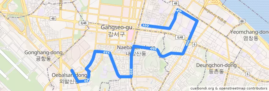 Mapa del recorrido 강서05 de la línea  en 강서구.