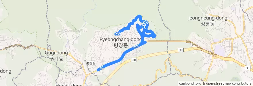 Mapa del recorrido 종로06 de la línea  en 평창동.