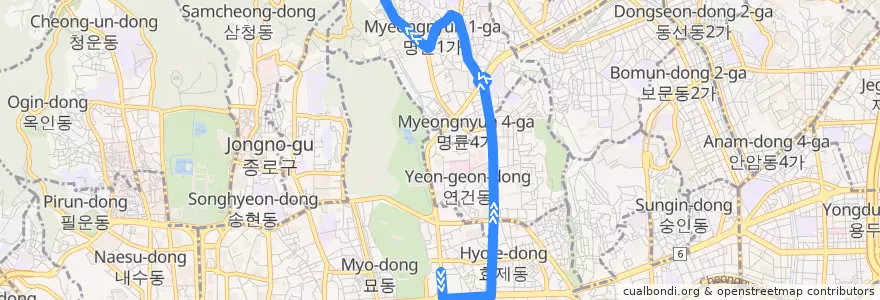 Mapa del recorrido 종로08 de la línea  en Seúl.