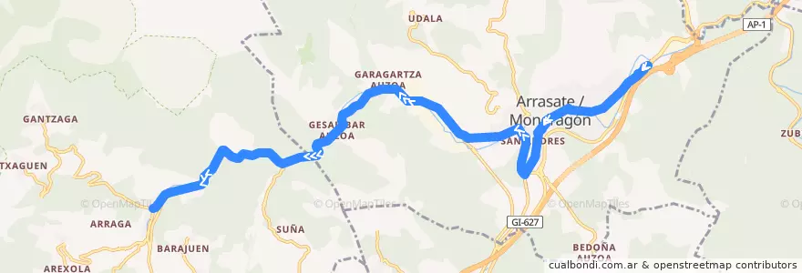 Mapa del recorrido A3 Arrasate/Mondragón → Aramaio de la línea  en إقليم الباسك.