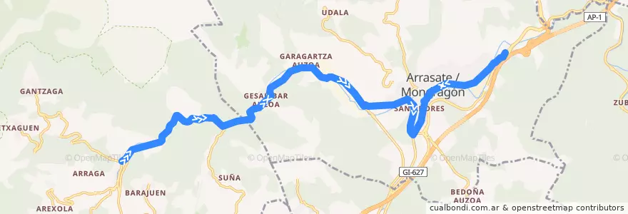 Mapa del recorrido A3 Aramaio → Arrasate/Mondragón de la línea  en Euskadi.