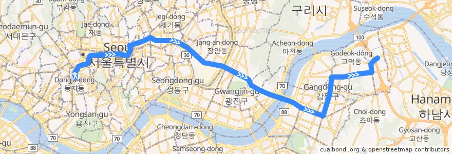 Mapa del recorrido N30 (강동공영차고지 방면) de la línea  en 서울.