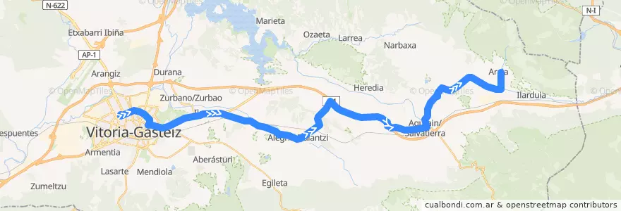 Mapa del recorrido A5 Vitoria-Gasteiz → Elburgo/Burgelu → Alegría-Dulantzi → Zalduondo → Araia de la línea  en Alava.