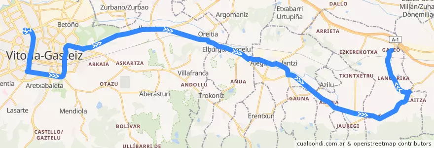 Mapa del recorrido A5 Vitoria-Gasteiz → Universidad → Elburgo/Burgelu → Alegría-Dulantzi → Gazeo de la línea  en Araba/Álava.