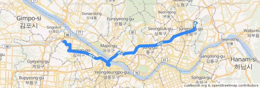 Mapa del recorrido N26 (개화역광역환승센터 방면) de la línea  en Seul.