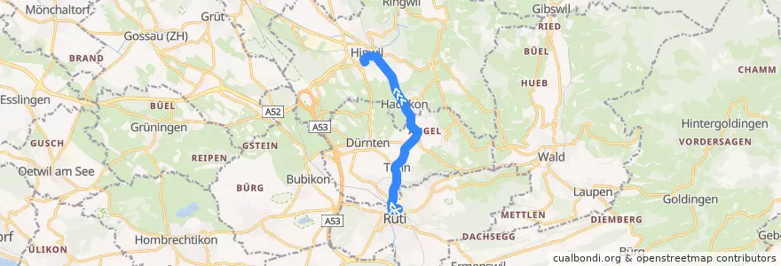 Mapa del recorrido Bus 870: Rüti ZH, Bahnhof => Hinwil, Bahnhof de la línea  en Bezirk Hinwil.