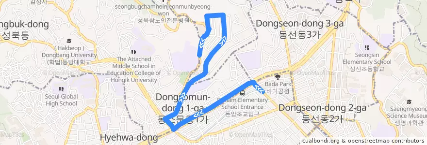 Mapa del recorrido 성북01 de la línea  en 성북구.