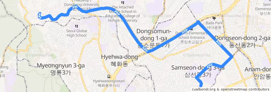 Mapa del recorrido 성북03 de la línea  en 城北區.