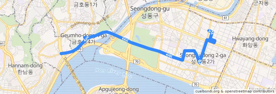 Mapa del recorrido 성동13 de la línea  en 城東区.