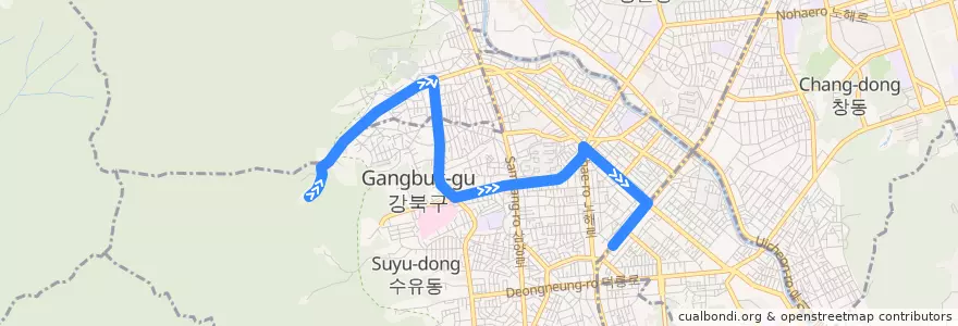 Mapa del recorrido 강북01 de la línea  en 江北区.