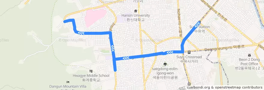 Mapa del recorrido 강북02 de la línea  en 江北區.