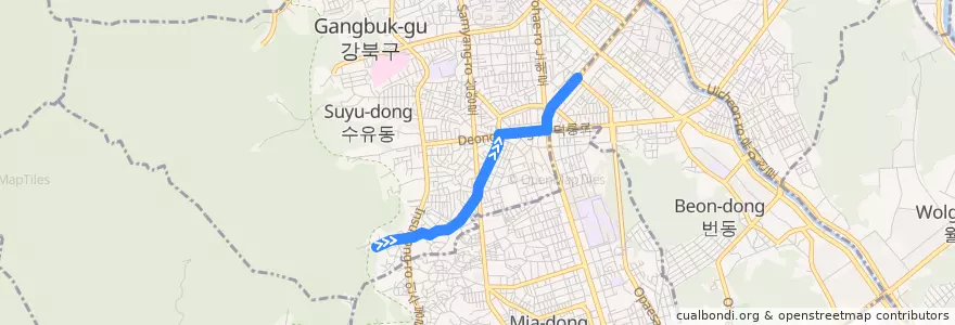 Mapa del recorrido 강북03 de la línea  en 江北区.