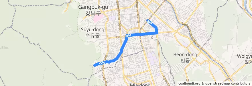 Mapa del recorrido 강북03 de la línea  en 강북구.