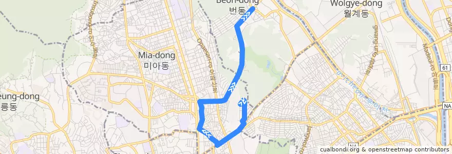 Mapa del recorrido 강북05 de la línea  en 서울.