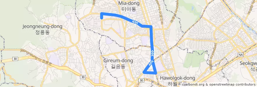 Mapa del recorrido 강북08 de la línea  en 서울.