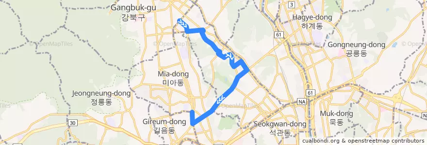Mapa del recorrido 강북09 de la línea  en 서울.