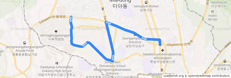 Mapa del recorrido 강북12 de la línea  en Gangbuk-gu.