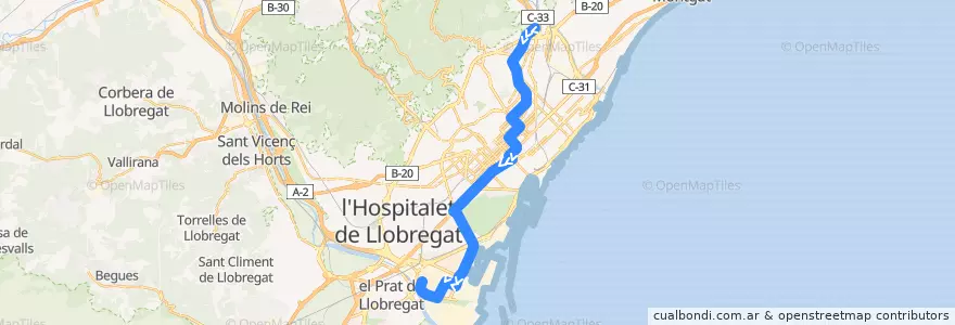 Mapa del recorrido N1 Trinitat Nova => Pl. Catalunya => Zona Franca de la línea  en Barcelona.