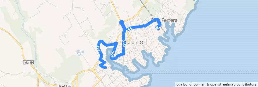 Mapa del recorrido Cala d'Or Express: Cala Ferrera → Cala d'Or → Cala Llonga de la línea  en Migjorn.
