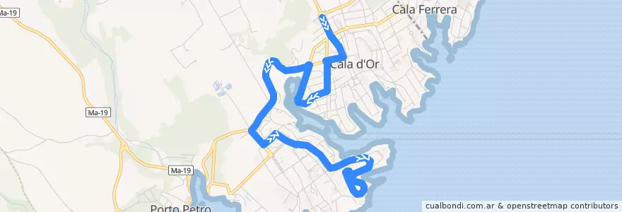 Mapa del recorrido Cala d'Or Express: Cala d'Or → Cala Egos → Es Fortí de la línea  en جزایر بالئارس.