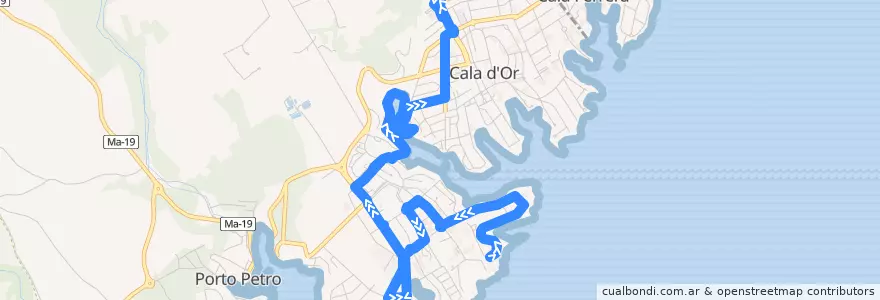 Mapa del recorrido Cala d'Or Express: Es Fortí → Cala Egos → Porto Cari → Cala d'Or de la línea  en جزایر بالئارس.