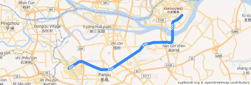 Mapa del recorrido 广州地铁7号线（广州南站→大学城南） de la línea  en Panyu District.