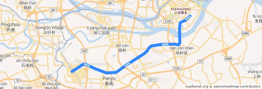 Mapa del recorrido 广州地铁7号线（大学城南→广州南站） de la línea  en Panyu District.