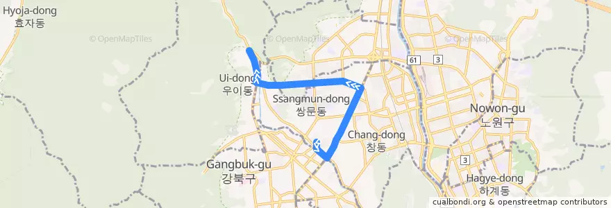 Mapa del recorrido 서울 마을버스 도봉05 de la línea  en 도봉구.