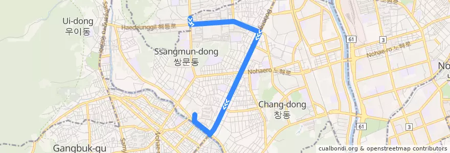 Mapa del recorrido 서울 마을버스 도봉06 de la línea  en 도봉구.