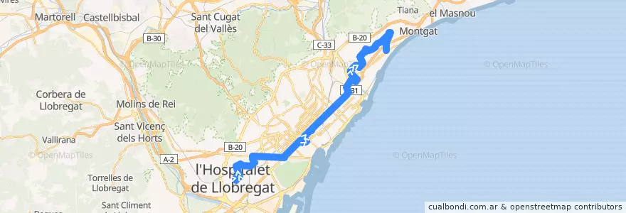 Mapa del recorrido N2 L'Hospitalet de L. => Pl. Catalunya => Badalona de la línea  en Barcelonès.