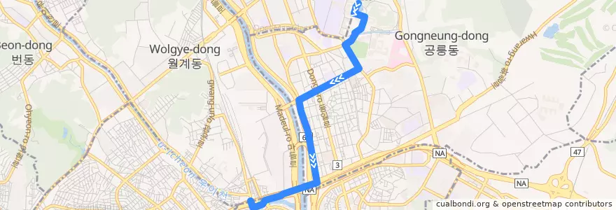 Mapa del recorrido 노원13 de la línea  en 노원구.