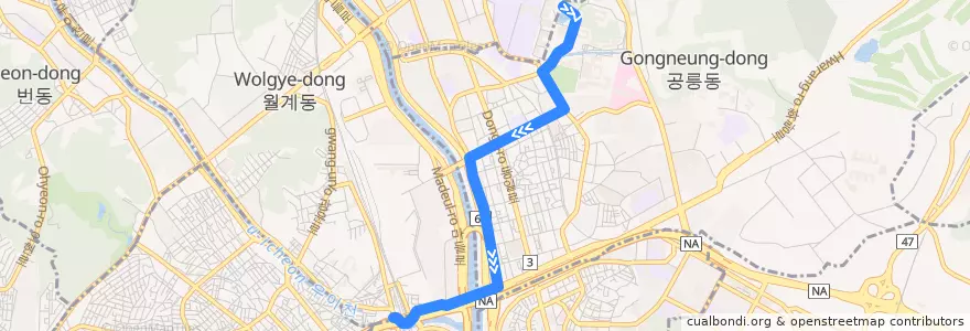 Mapa del recorrido 노원13 de la línea  en 노원구.