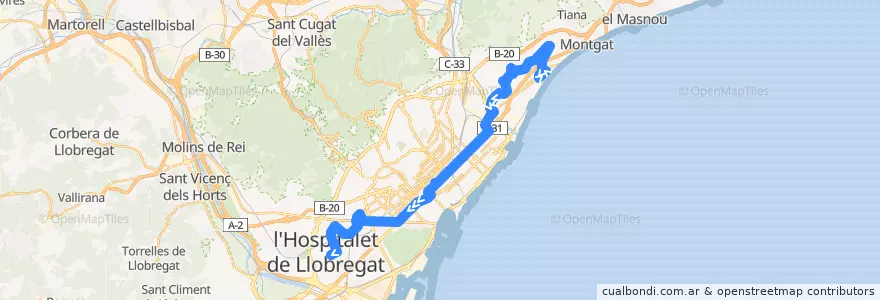 Mapa del recorrido N2 Badalona => Pl Catalunya => L'Hospitalet de Ll de la línea  en Барселонес.