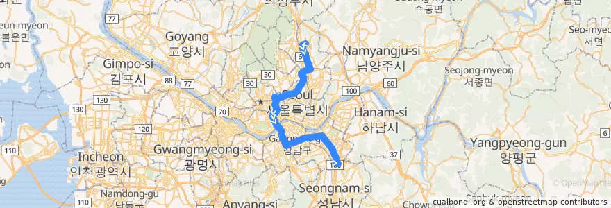 Mapa del recorrido N13 de la línea  en 서울.