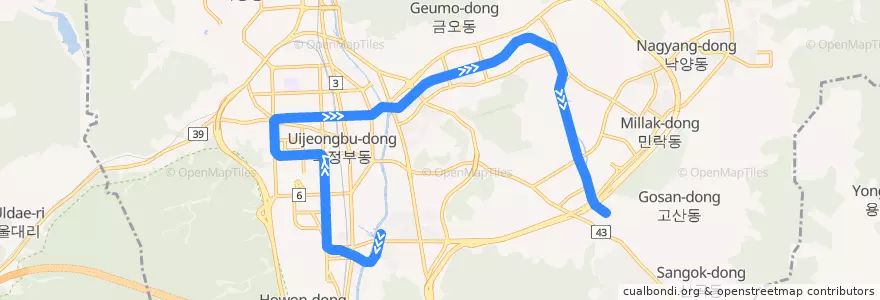 Mapa del recorrido 의정부경전철 de la línea  en 議政府市.