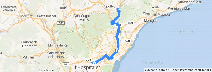 Mapa del recorrido N3 Barcelona ( Collblanc-Pl.Catalunya) => Montcada i Reixac ( Rambla Països Catalans ) de la línea  en Barcelona.