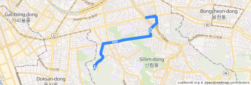Mapa del recorrido 관악10 (민방위교육장 방면) de la línea  en Сеул.