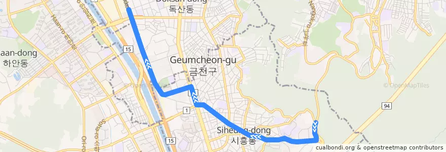 Mapa del recorrido 서울 버스 금천01 (독산역 방면) de la línea  en 금천구.