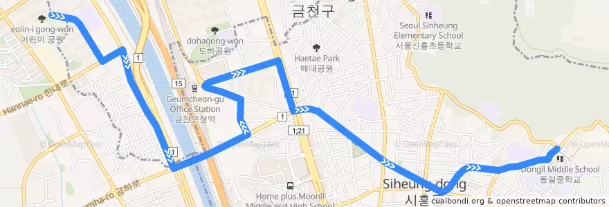 Mapa del recorrido 서울 버스 금천02 (벽산3단지 방면) de la línea  en 금천구.