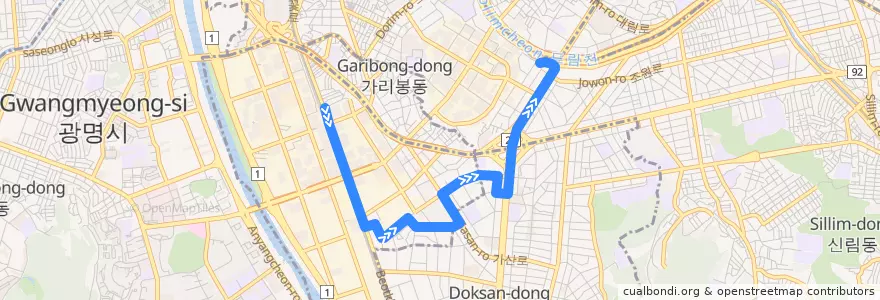 Mapa del recorrido 서울 버스 금천03 (구로디지털단지역 방면) de la línea  en 금천구.