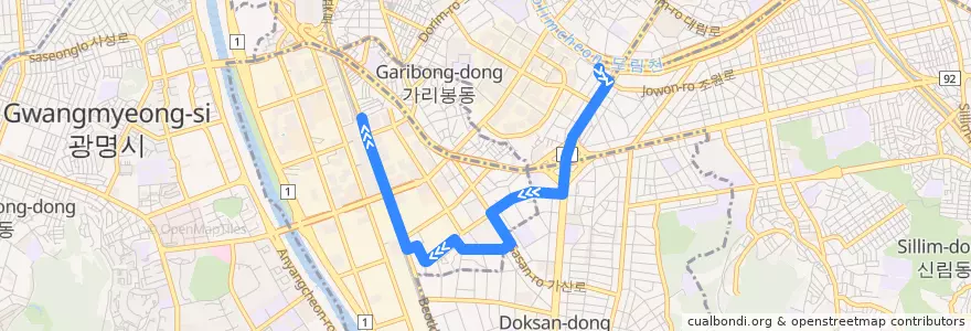 Mapa del recorrido 서울 버스 금천03 (가산디지털단지역 방면) de la línea  en 금천구.