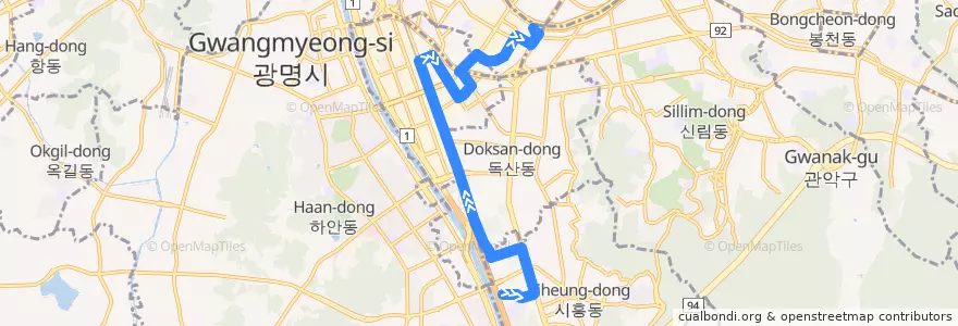Mapa del recorrido 서울 버스 금천07 (금천노인종합복지관 방면) de la línea  en 금천구.