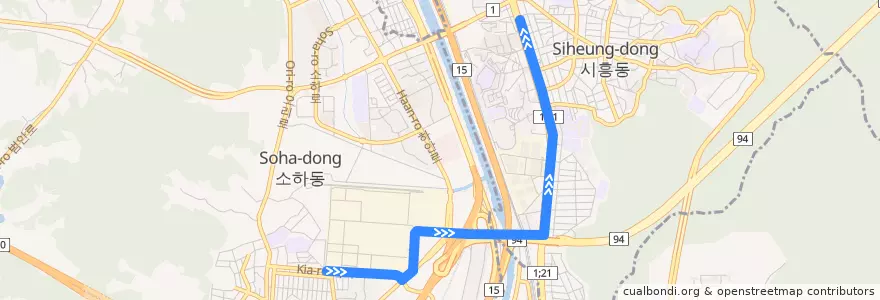Mapa del recorrido 서울 버스 금천04 (시흥사거리 방면) de la línea  en Coreia do Sul.