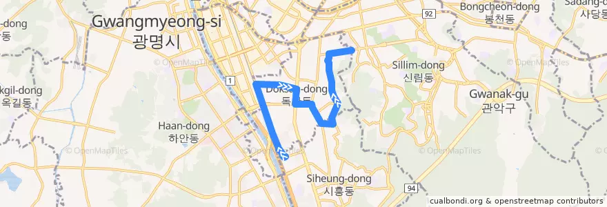Mapa del recorrido 서울 버스 금천08 de la línea  en 금천구.