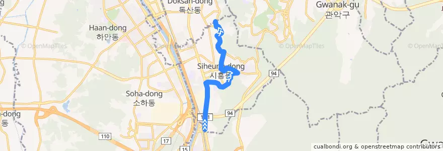 Mapa del recorrido 서울 버스 금천11 (한울중학교 방면) de la línea  en 금천구.